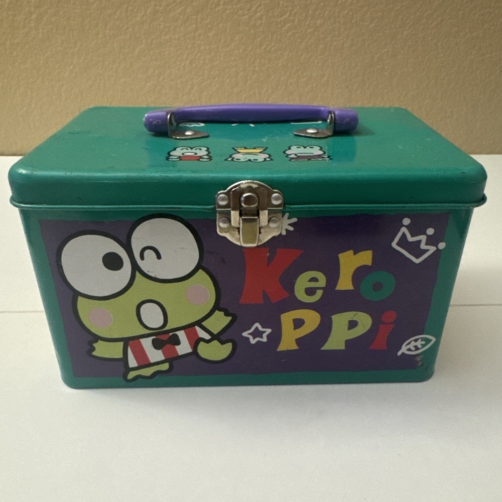 Vintage Sanrio Keroppi Frog Metal Green Tin Handle Storage Case Lunch Box Rare